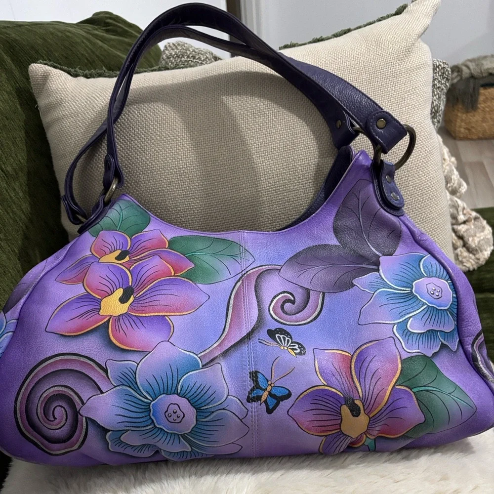 ANUSCHIKA India Purple Leather Floral‎ Triple Compartment Large Satchel Bag